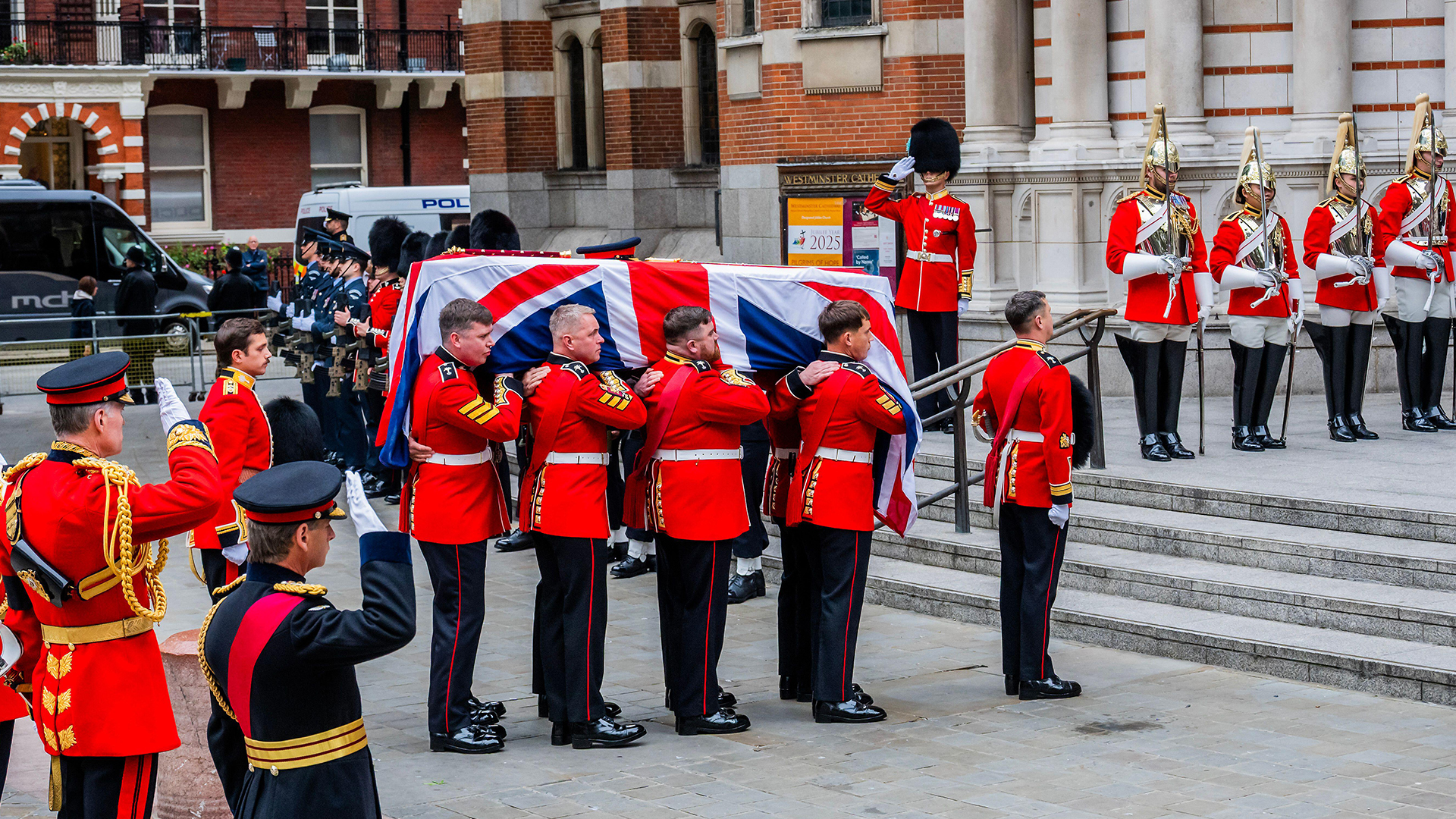 The funeral requiem mass for Field Marshal Lord Guthrie at Westminster Cathedral saw The Life Guards providing step liners and a bearer party from the Welsh Guards