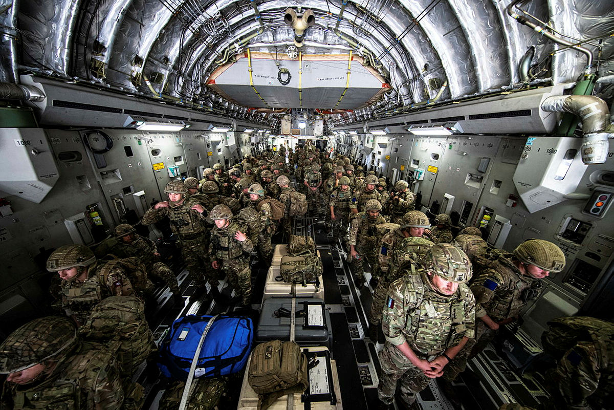 British 16 Air Assault Brigade on inside a plane on route to Afghanistan in August 2021