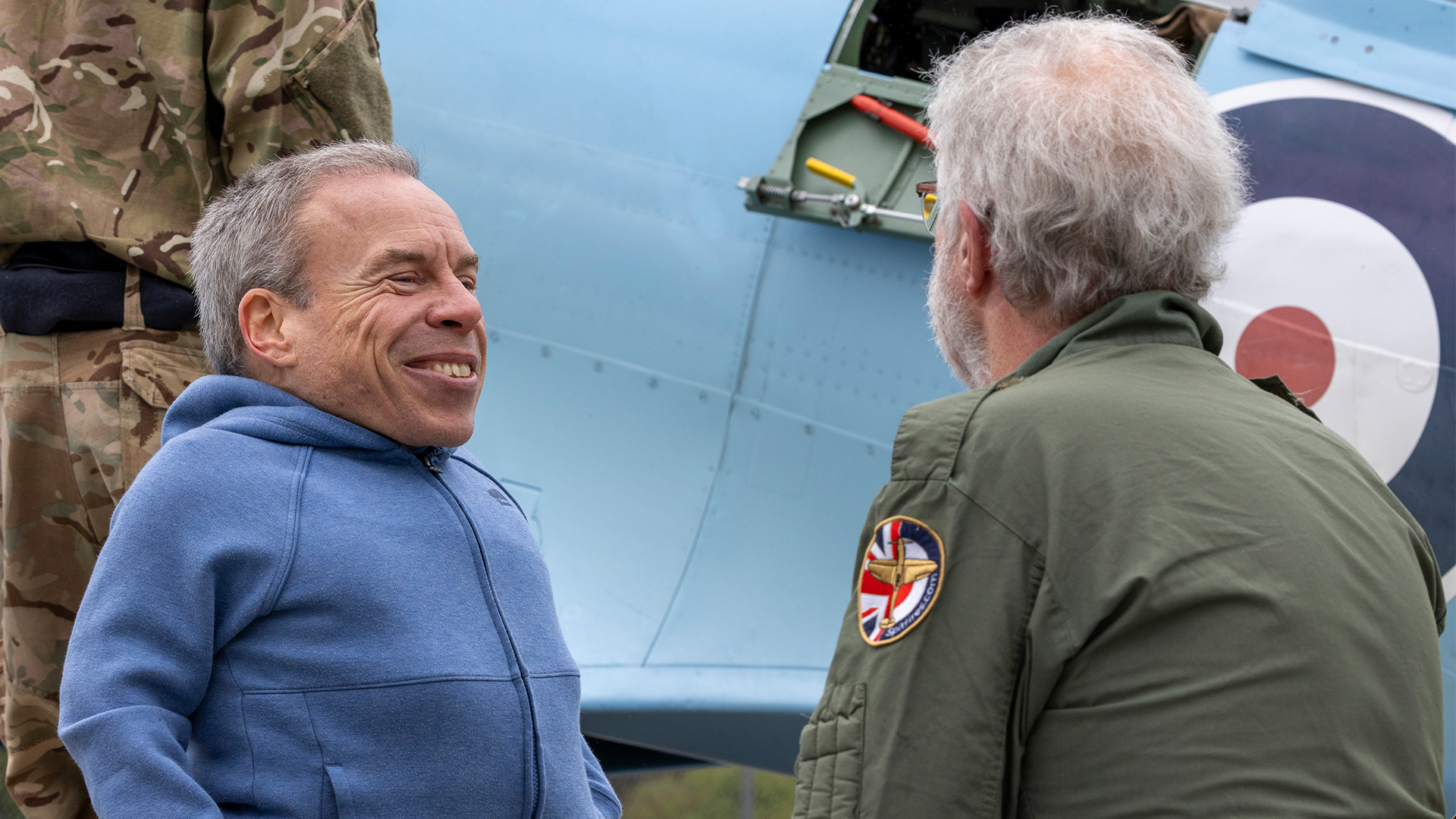 Harry Potter star and Spitfire aficionado Warwick Davis was on hand to greet the aircraft at RAF St Mawgan on the seventh of its nine legs round Britain (Picture: MOD)