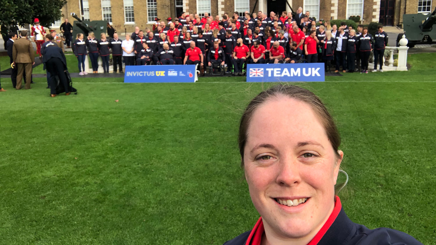 	170226 RAF veteran Rach Williamson taking a selfie in front of the Team UK CREDIT Rach Williamson