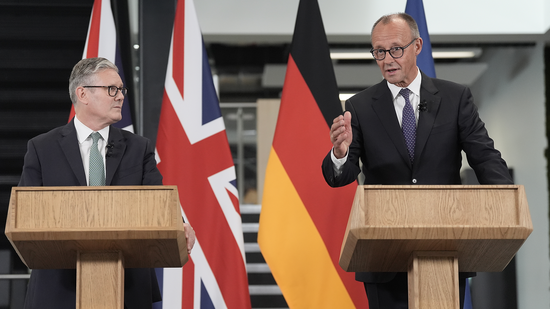 17072025  Sir Keir Starmer and German Chancellor Friedrich Merz hold a press conference during a visit to the Airbus factory in Stevenage, Hertfordshire CRED PA