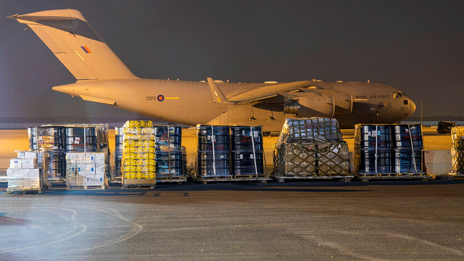 An RAF C-17 loads up with humanitarian aid at the UAE's Al Minhab Air Base, which houses RAF troops, in 2021