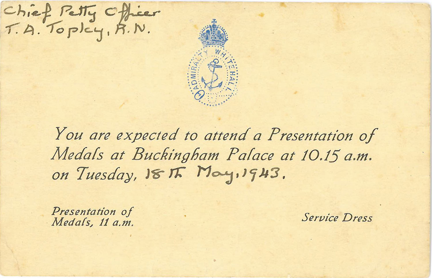 18051943 invitation to Buckingham Palace sent to CPO Thomas Topley for the presentation of his third DSM CREDIT Topley family