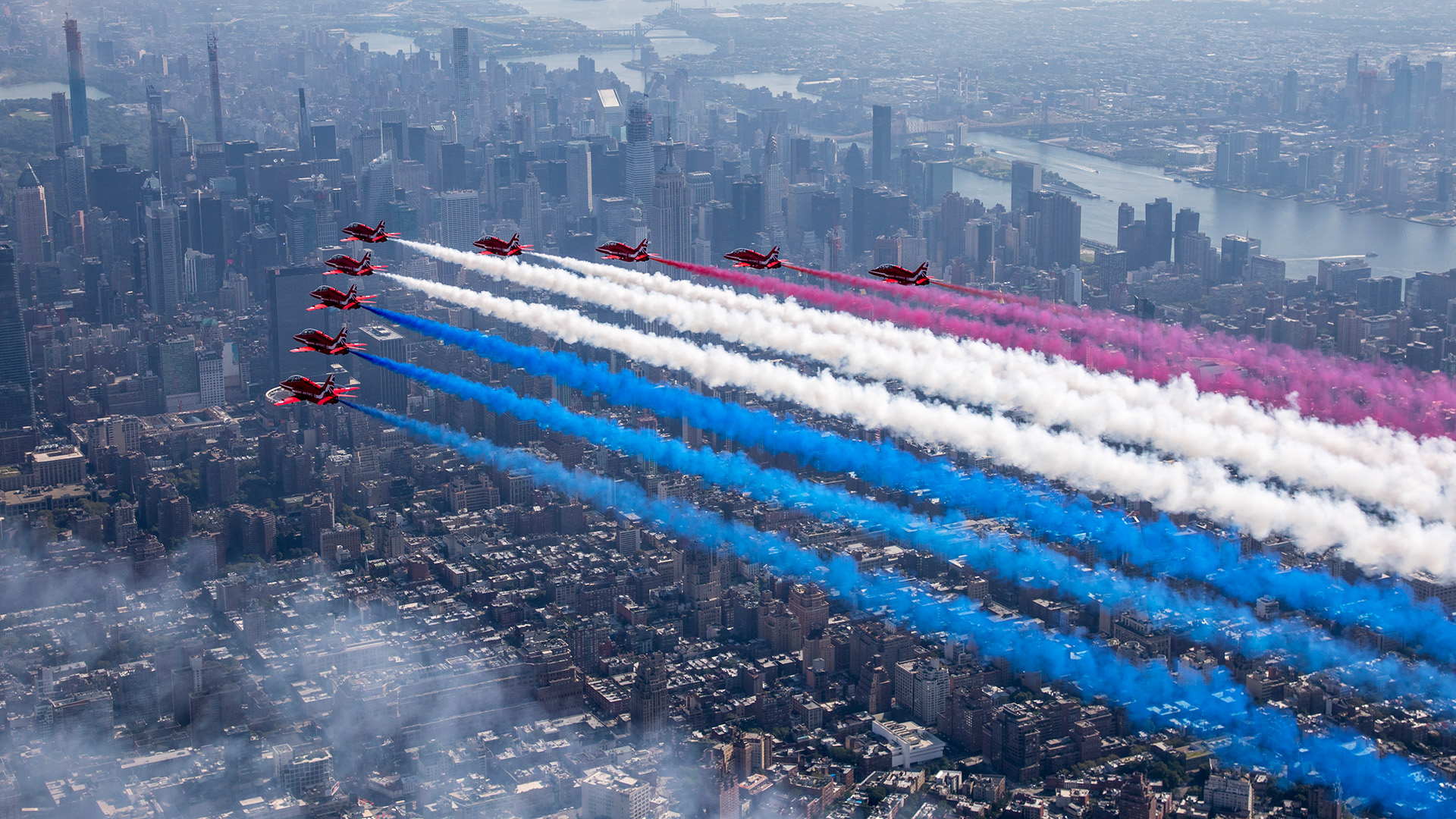 The Red Arrows flying over New York in 2019 during their last tour to the United States (Picture: RAF)