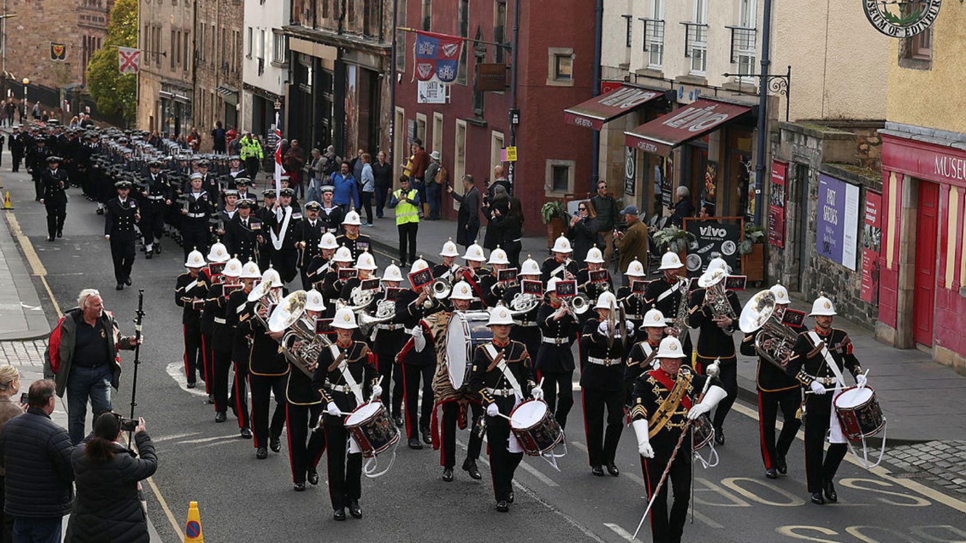 The 250 sailors were accompanied by The Band of His Majesty's Royal Marines Scotland as they paraded up the Royal Mile (Picture: Royal Navy)