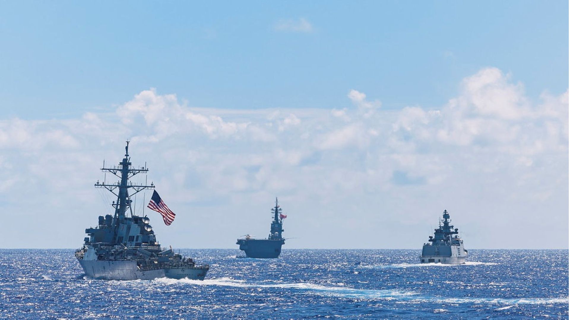 US Navy Arleigh Burke-class destroyer USS Fitzgerald sails in company with Indian and Japanese vessels