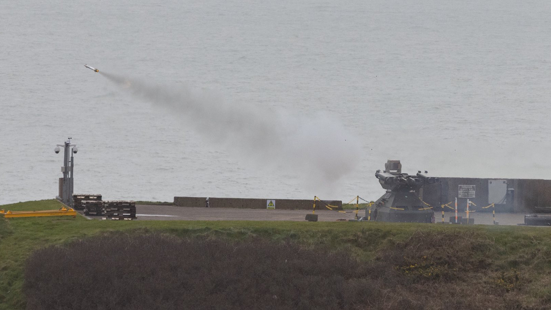 This test saw an RAF Regiment Rapid Sentry system fire Lightweight Multirole Missiles at Banshee drones at Air Defence Range Manorbier in Pembrokeshire