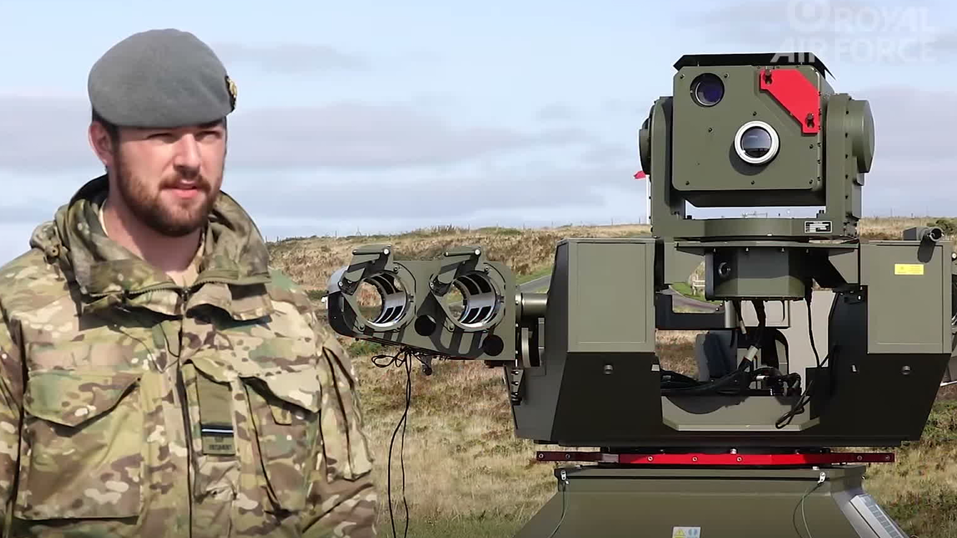 Flying Officer Will Pickles explains how the Rapid Sentry air defence system works - the launcher has not yet been loaded with Lightweight Multirole Missiles