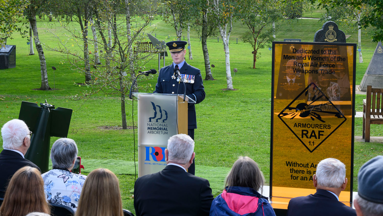 	191225 Air Cdre Jamie Thompson speaks at the dedication ceremony for the RAF Armourers' Memorial at the National Memorial Arboretum CREDIT Michael Haygarth