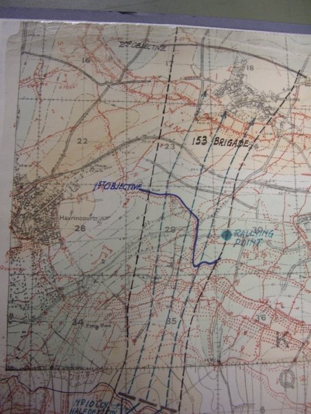 A map of part of the Battle of the Cambrai showing objectives for the British on the first day