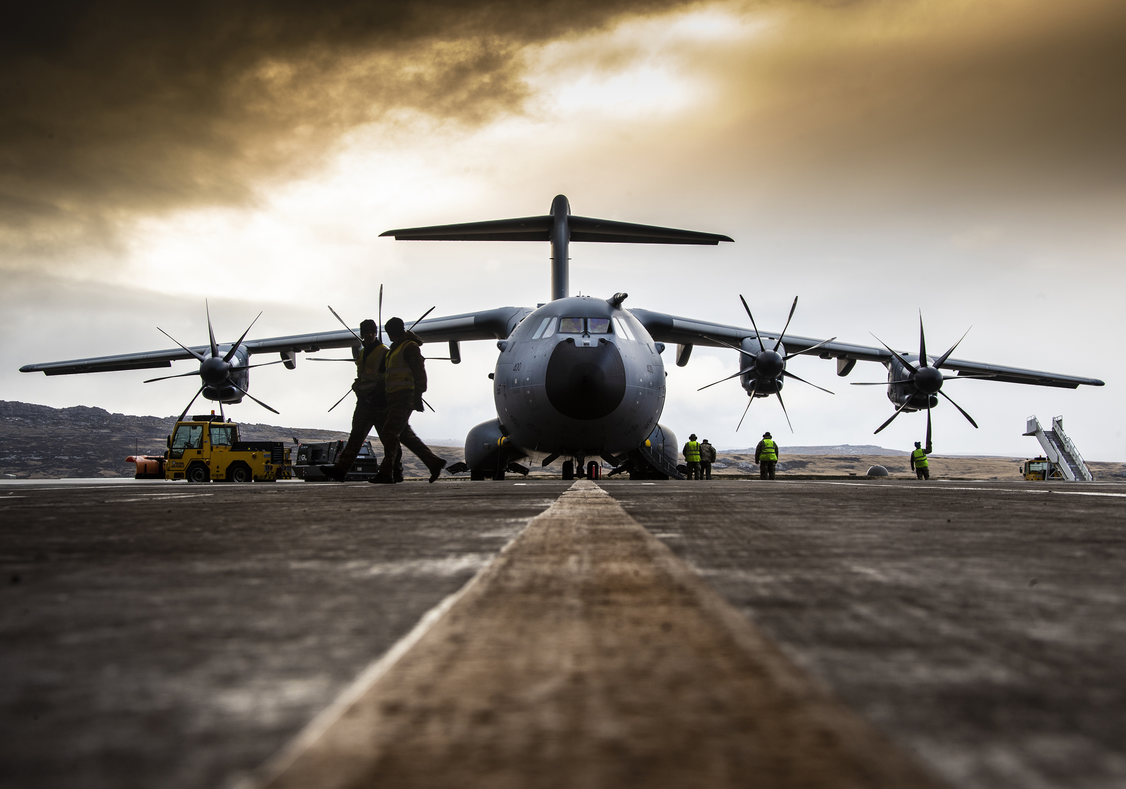 An RAF A400m is recovered to a hangar at Mount Pleasant Complex, Falkland Islands