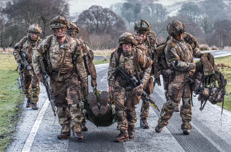Officer Cadets, from the Royal Military Academy Sandhurst (RMAS), undertake a gruelling simulated casualty evacuation from the battlefield.