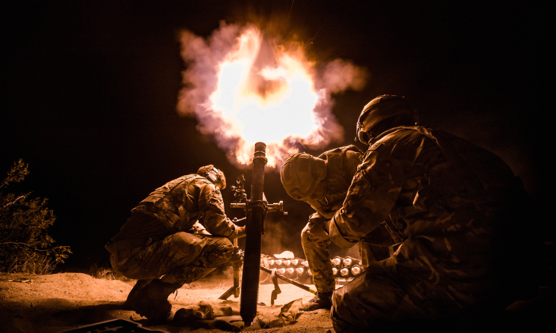 Royal Marines from 40 Commando Mortar Troop conduct a live firing night shoot on Exercise Green Dagger 2019 in the Californian Desert. Crown Copyright