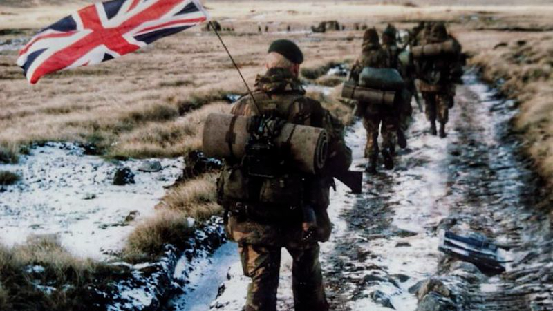 020426 'The Yomper' taken of Corporal Robinson, 45 Commando, yomping to Port Stanley during the Falklands War CREDIT Pete Holdgate
