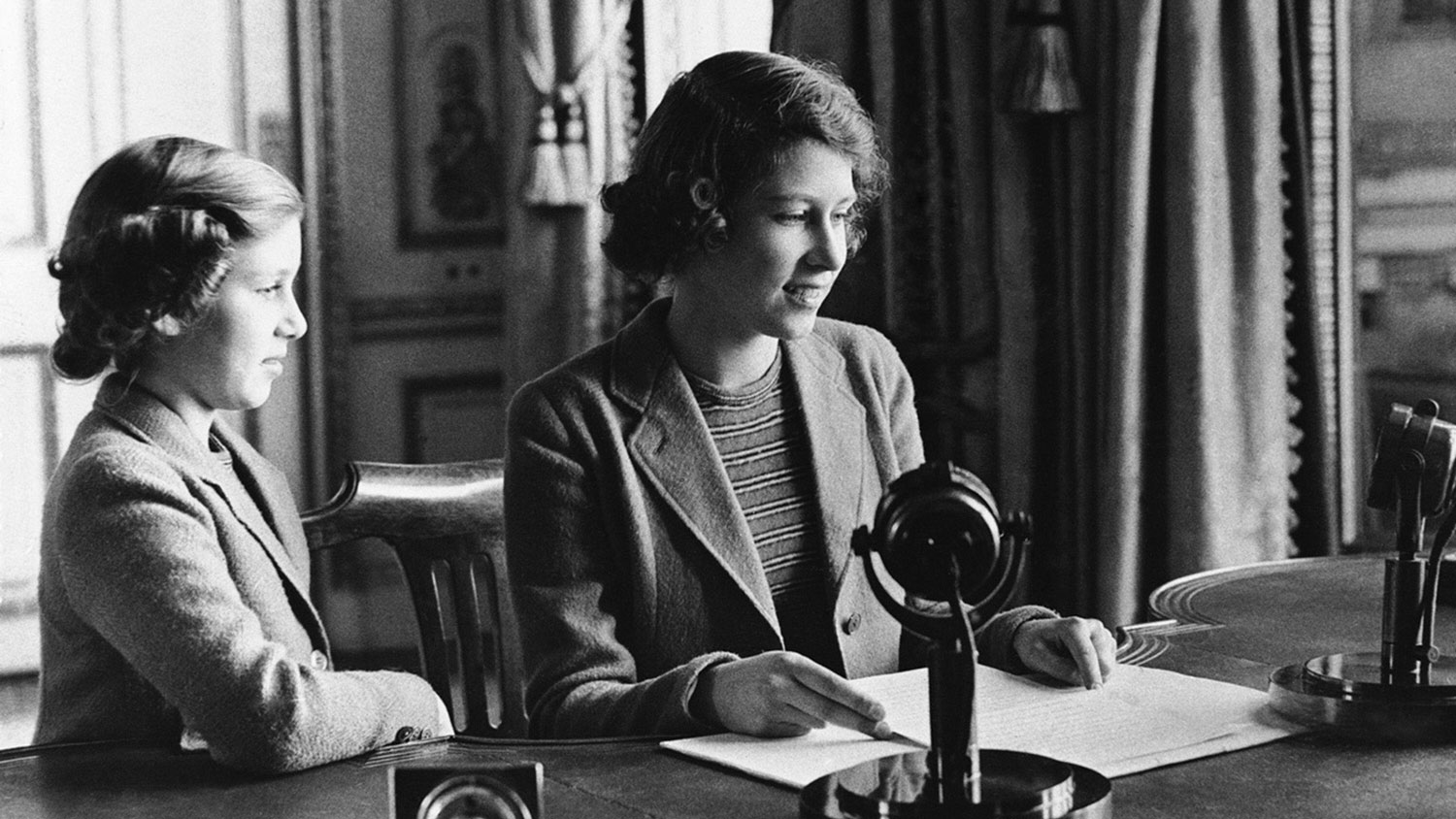 Princess Elizabeth and Princess Margaret after they broadcast on Children's Hour from Buckingham Palace in 1940