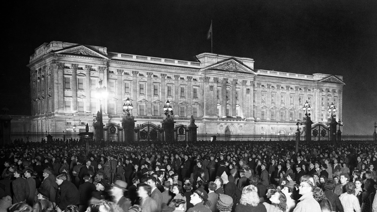 Thousands celebrated VE Day outside Buckingham Palace on 8 May 1945