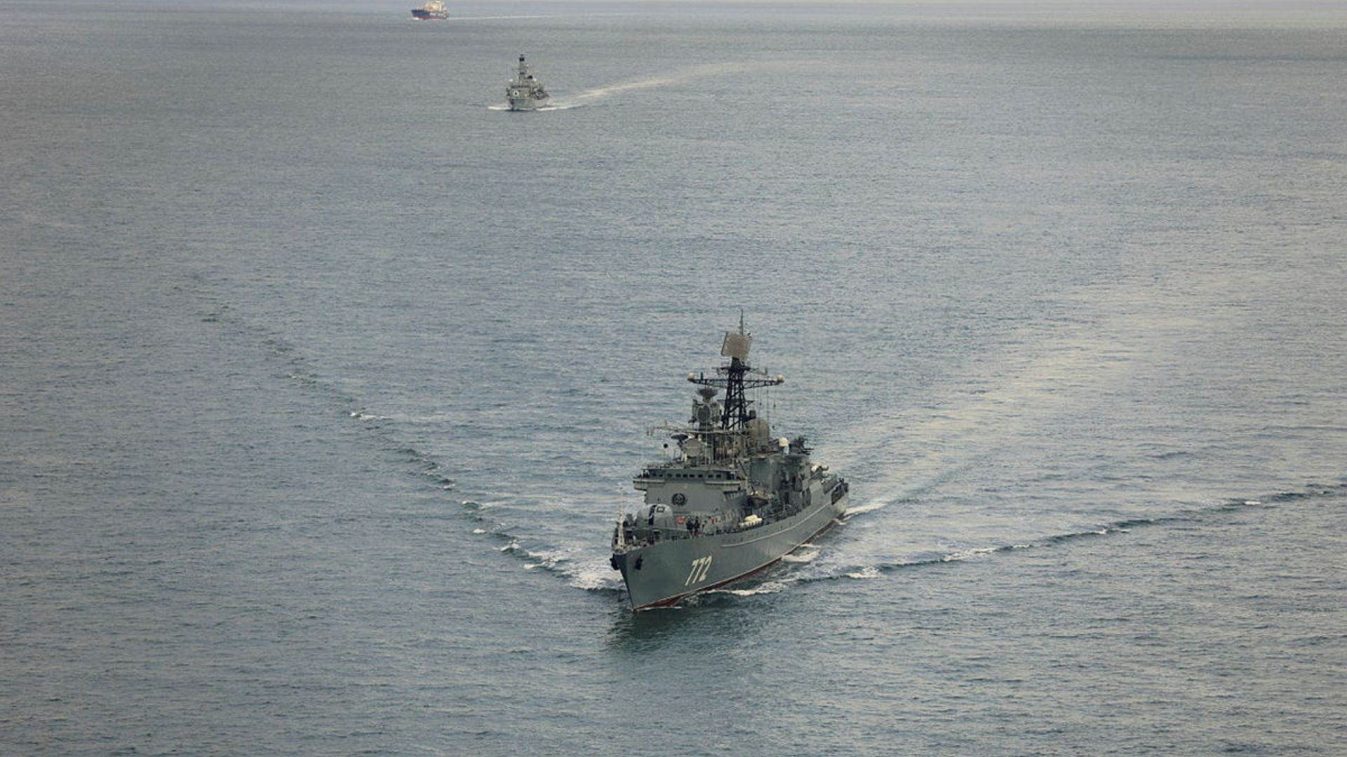 Last year, HMS Iron Duke shadowed the Russian frigate Neustrashimy (foreground) through the English Channel (Picture: MOD)
