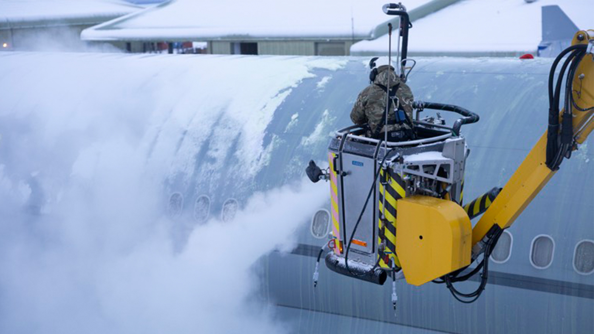 The work involved in keeping a large aircraft like the Voyager - and the surrounding area it sits on - free of ice and snow can take several hours
