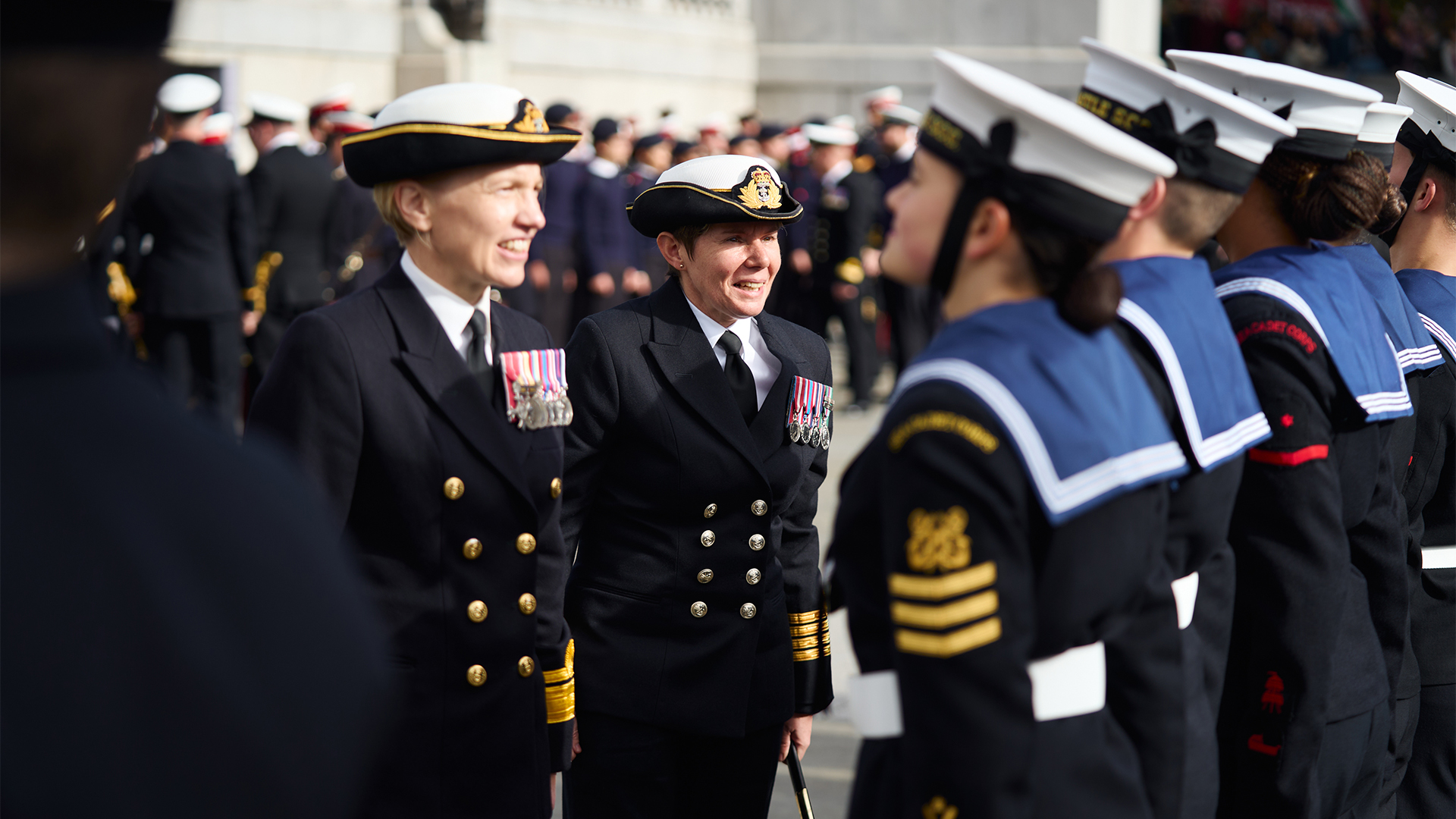 The cadets are inspected by Captain Sea Cadets Hannah MacKenzie VR RN (right) and Commodore Rachel Singleton - an experience that many other young people would find quite daunting (Picture: Sea Cadets)