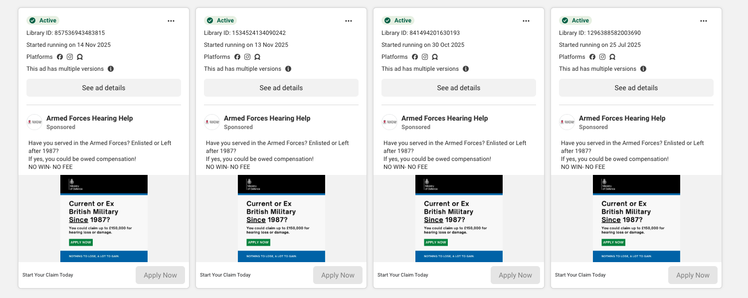 Variations of the ads, which utilise MOD insignia and the colours of the official gov.uk website to appear legitimate, are available on Meta's Ad Library, which displays ads running across Meta platforms