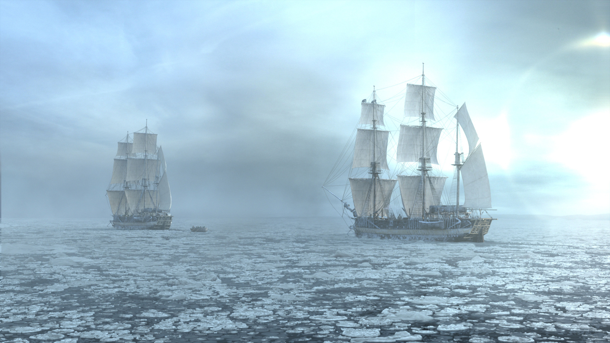 HMS Erebus and HMS Terror in Ridley Scott's The Terror. On iPlayer now. Credit: BBC/AMC Film Holdings LLC.