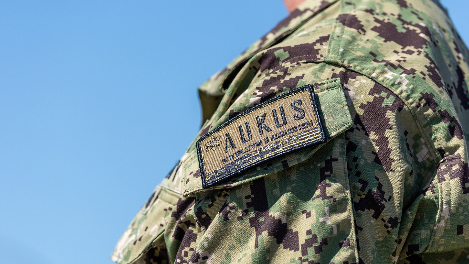 Aukus patch worn by Admiral William Houston of the US Navy, the director of the Naval Nuclear Propulsion Programme