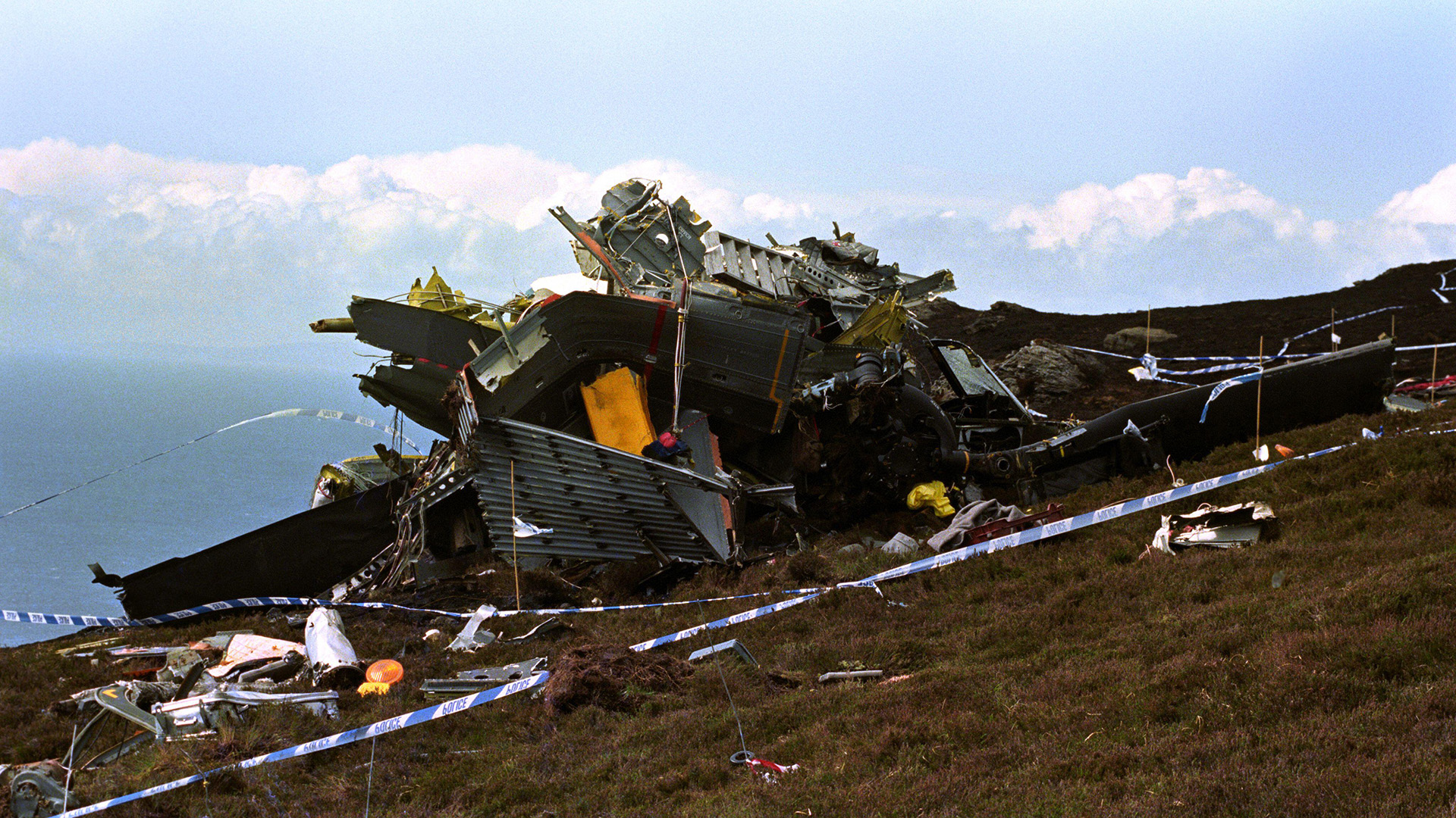 The wreckage of the RAF Chinook helicopter on the hillside