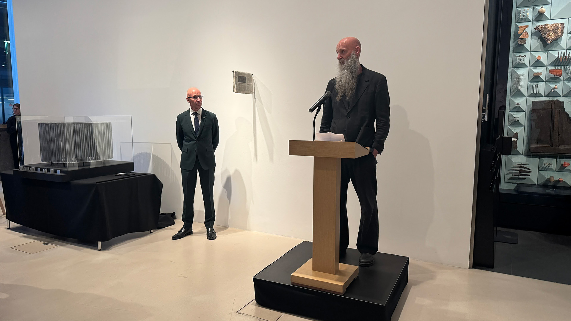 Artist Wolfgang Buttress speaking at the event alongside Jon Williams, the executive director of the Rory Peck Trust, a charity dedicated to the support and safety of freelance newsgatherers