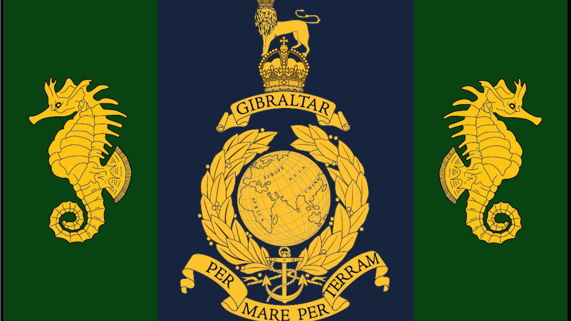 The regiments flag, bearing the emblem of the global and laurel flanked by two sea horses signifies its tri-service nature and core role (Picture: Royal Navy)