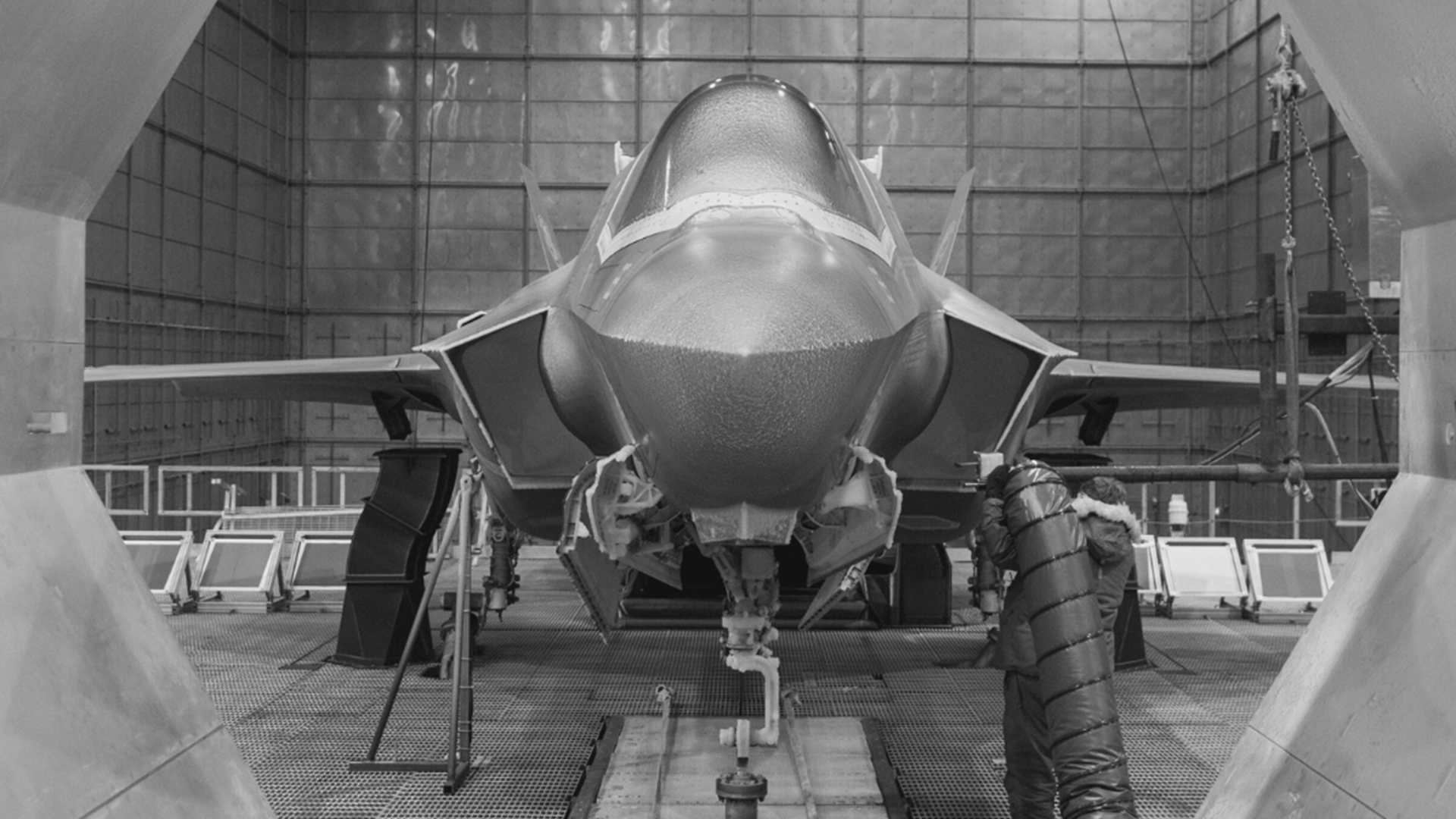 The F-35 is rigged up inside the chamber ready for the temperature to be dropped