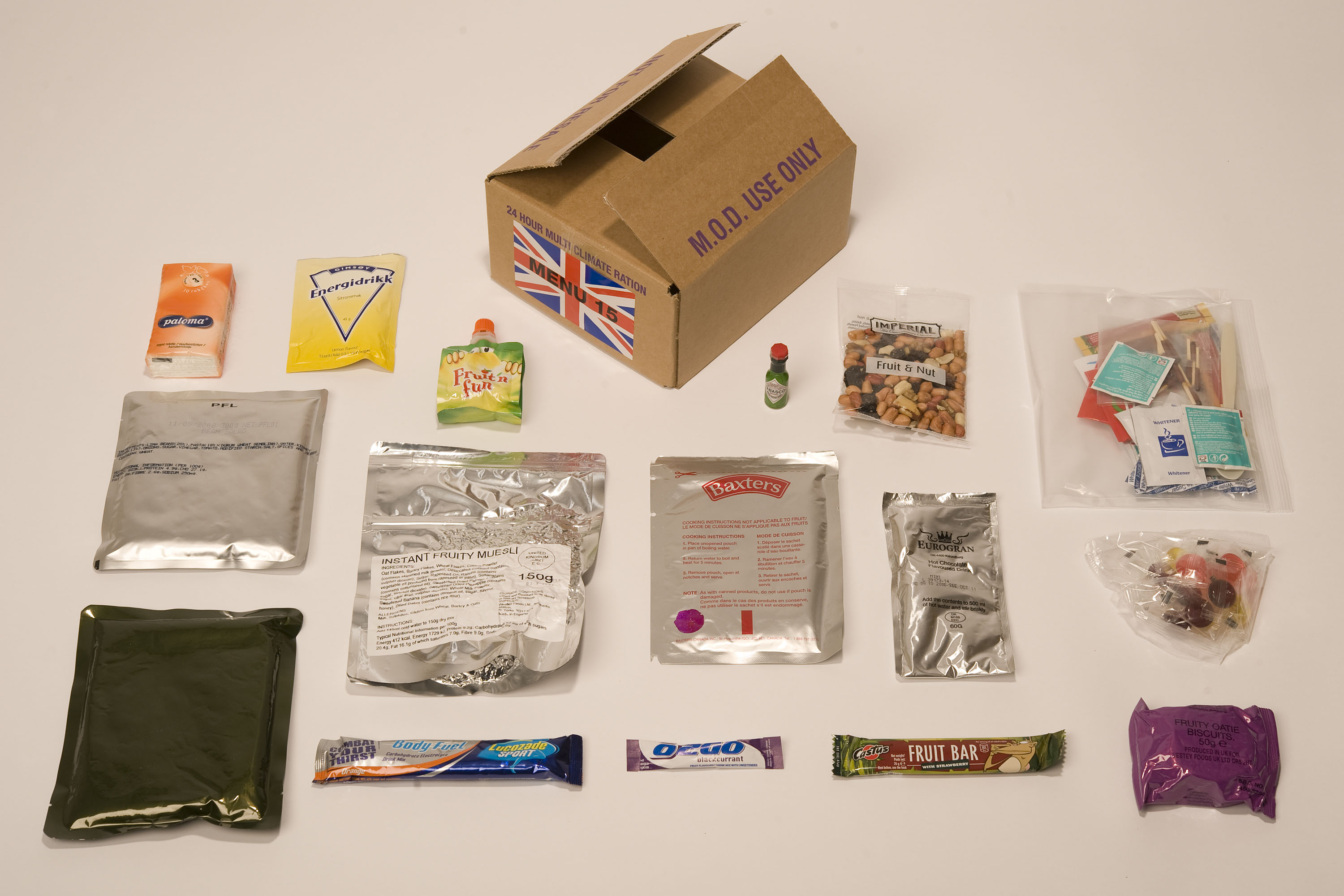 The contents of a 24-hour Multi-Climate Ration (MCR) pack (Picture: MOD).