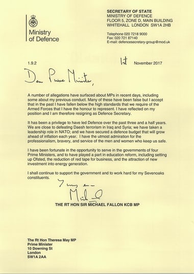 Fallon’s resignation letter Photograph: Handout