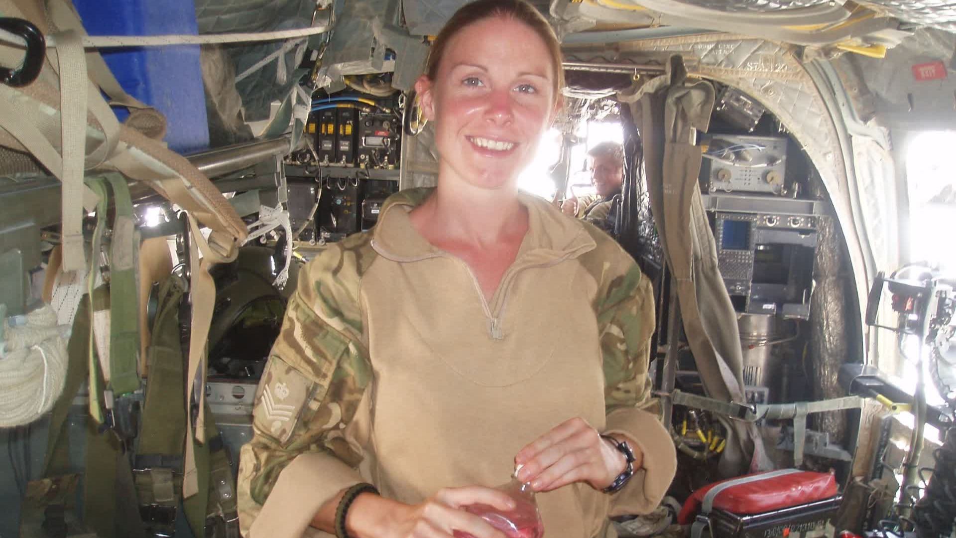 Liz Mcconaghy spent 17 years as a RAF Chinook crewman, deploying on two tours of Iraq, and 10 tours of Afghanistan (Picture: Liz Mcconaghy)