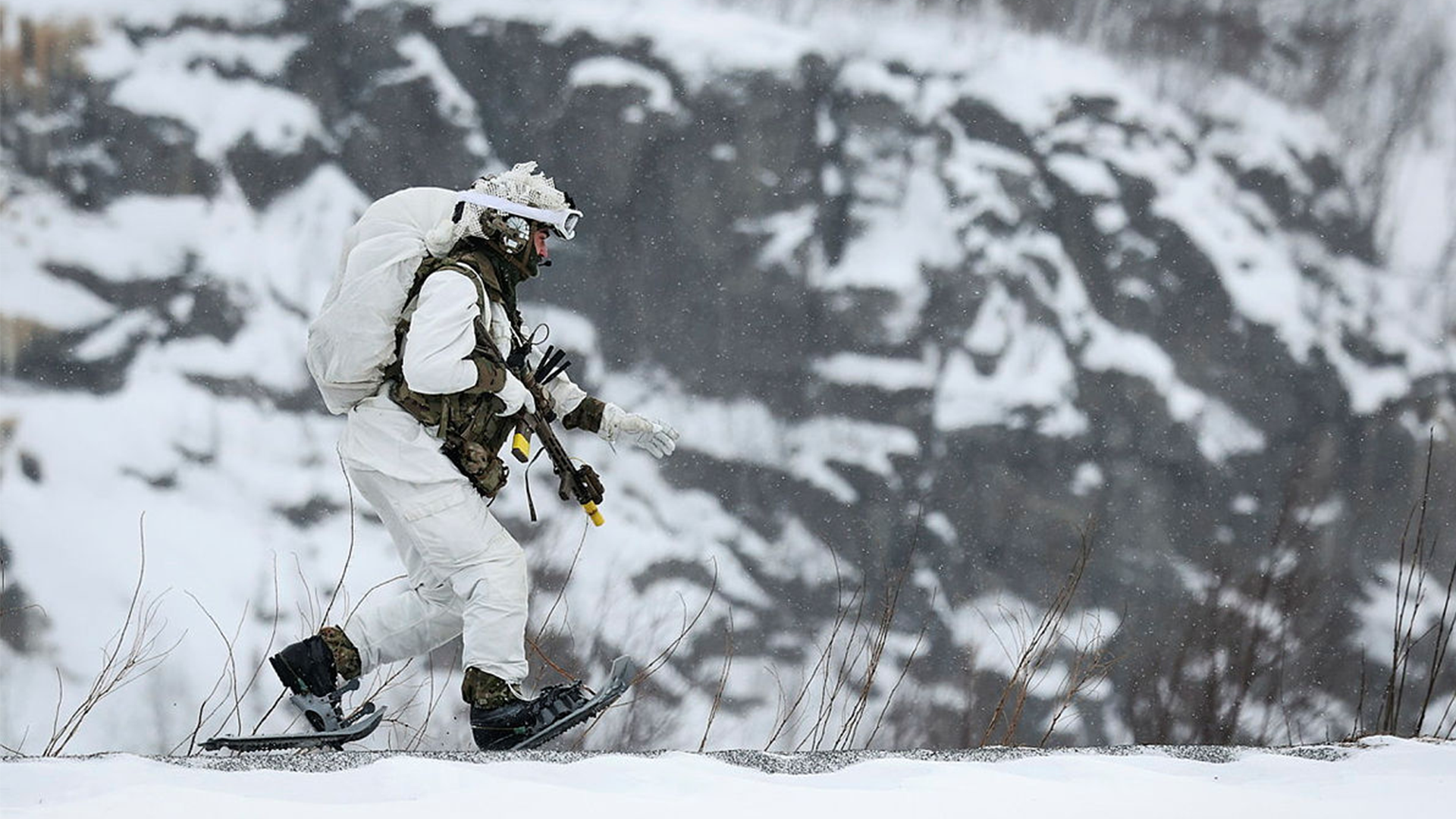 This Royal Marine from 40 Commando is wearing snowshoes to traverse deep snow cover while inserted on a joint raid with the Royal Netherlands Marine Corps at Elvegårdsmoen military training camp