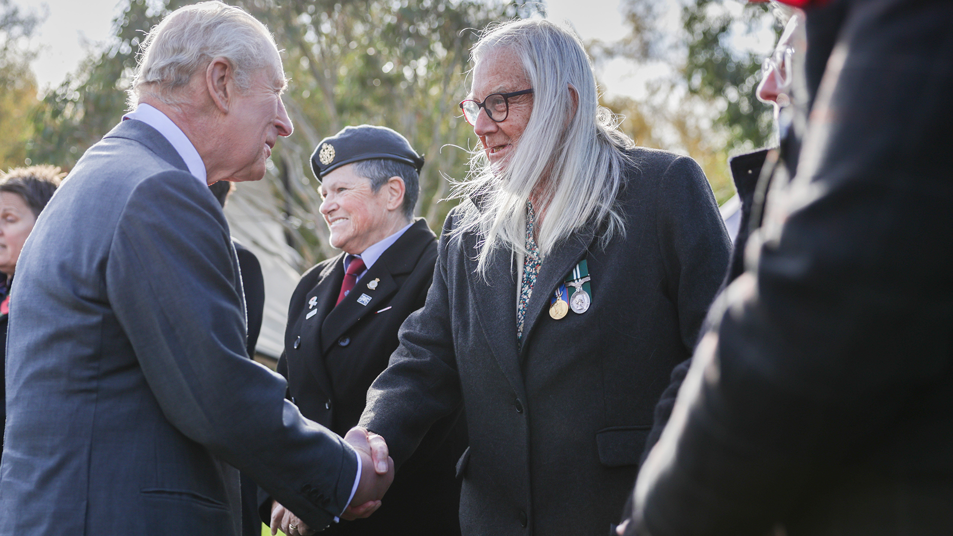 The King chats to a veteran at the unveiling to the memorial to the Armed Forces LGBT community at the National Memorial Arboretum