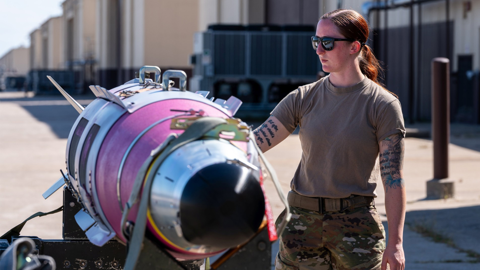 A US JDAM bomb is loaded on to the B-2 aircraft