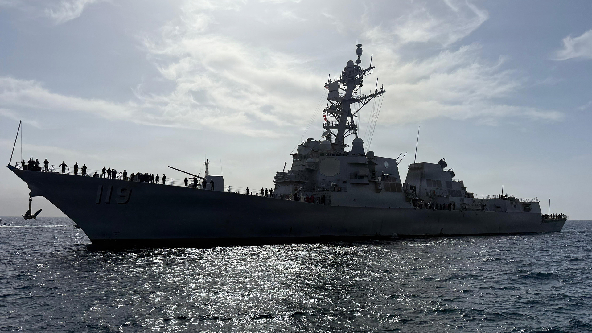 USS Delbert D Black, a guided missile destroyer, approaches Eilat in Israel for a scheduled routine port visit