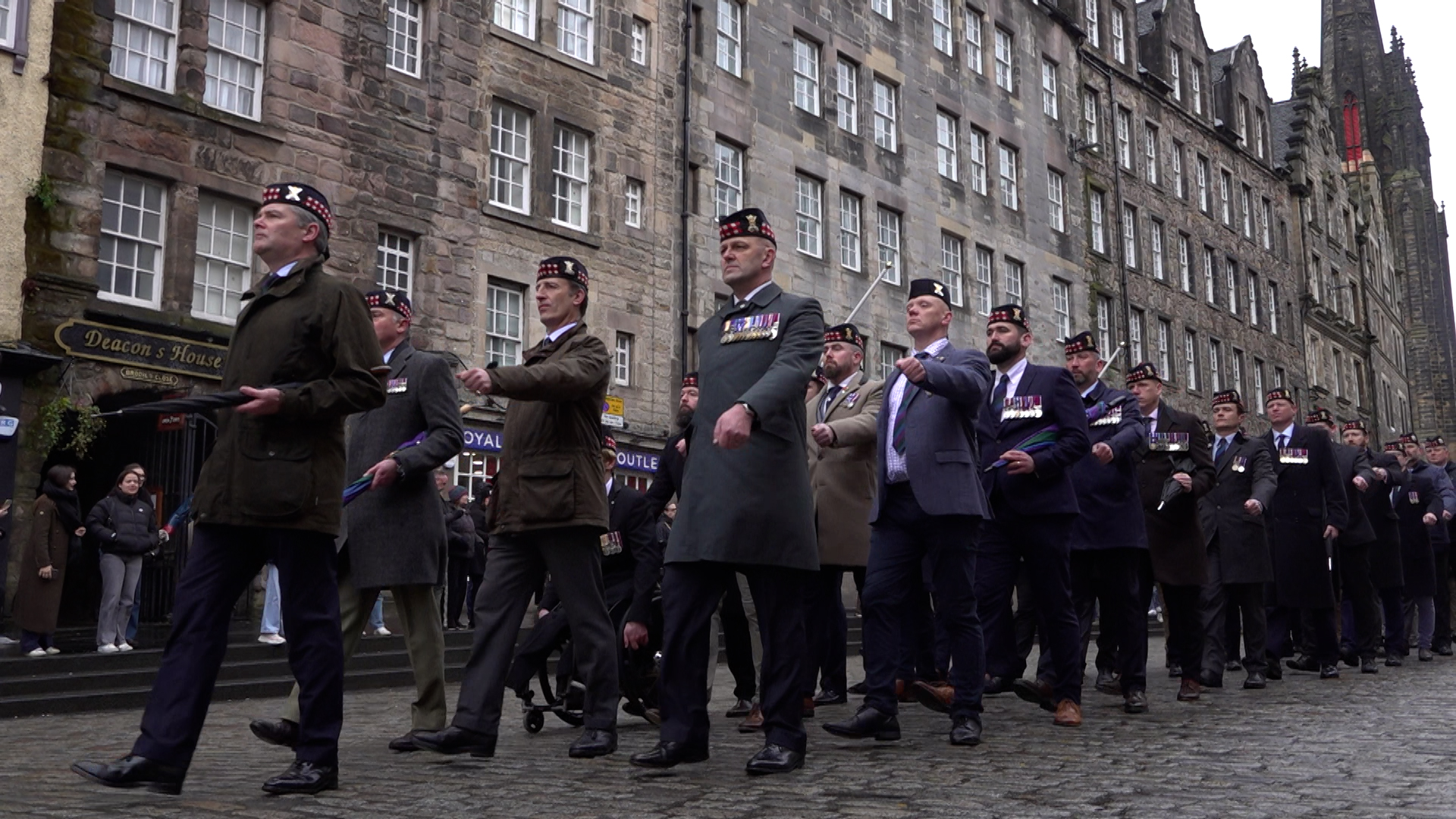 Current serving soldiers and veterans of the Royal Regiment of Scotland marching in Edinburgh