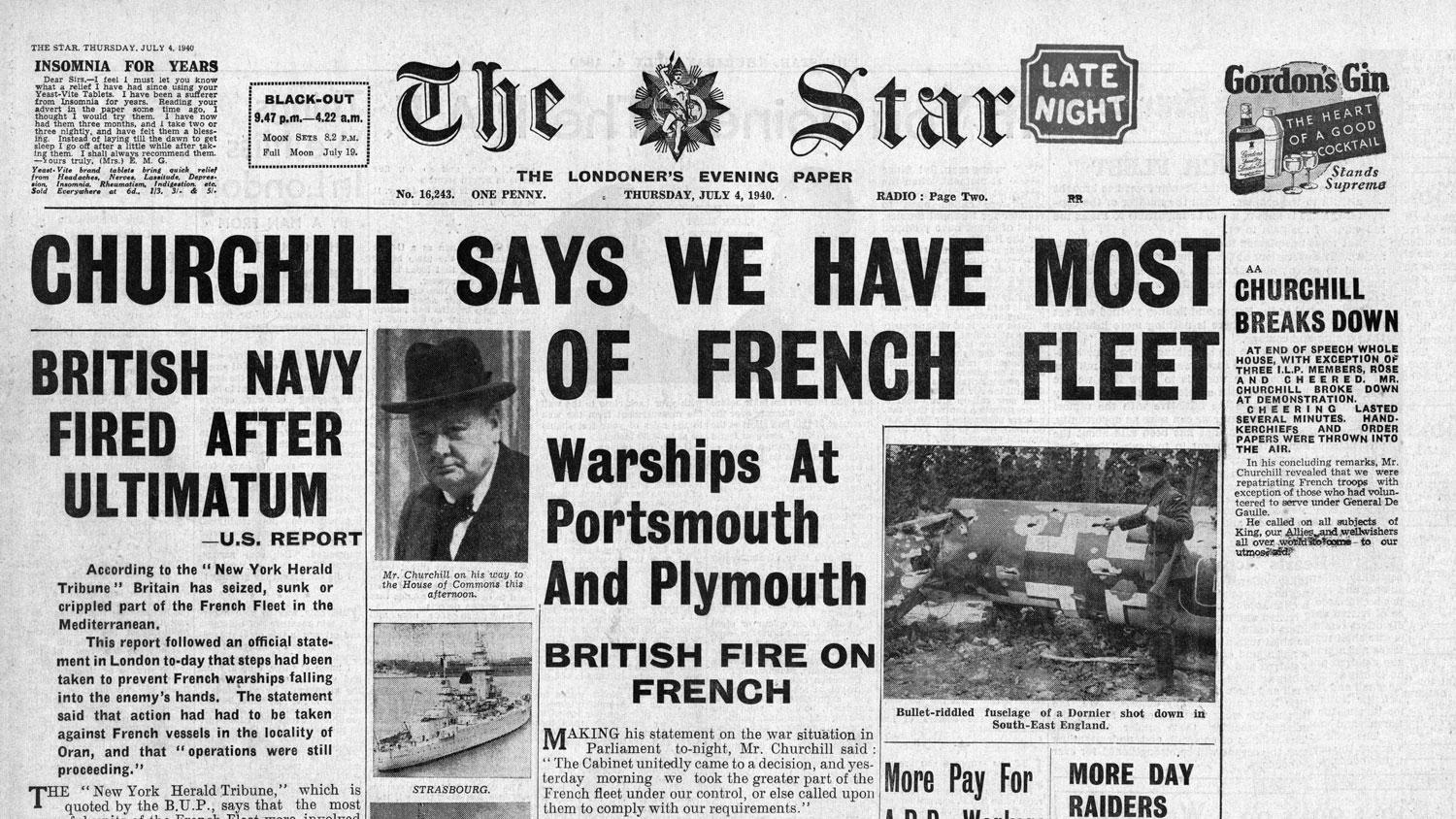 Newspaper The Star reporting that the French Navy had been attacked by the Royal Navy at Mers-el-Kebir (Picture: John Frost Newspapers)