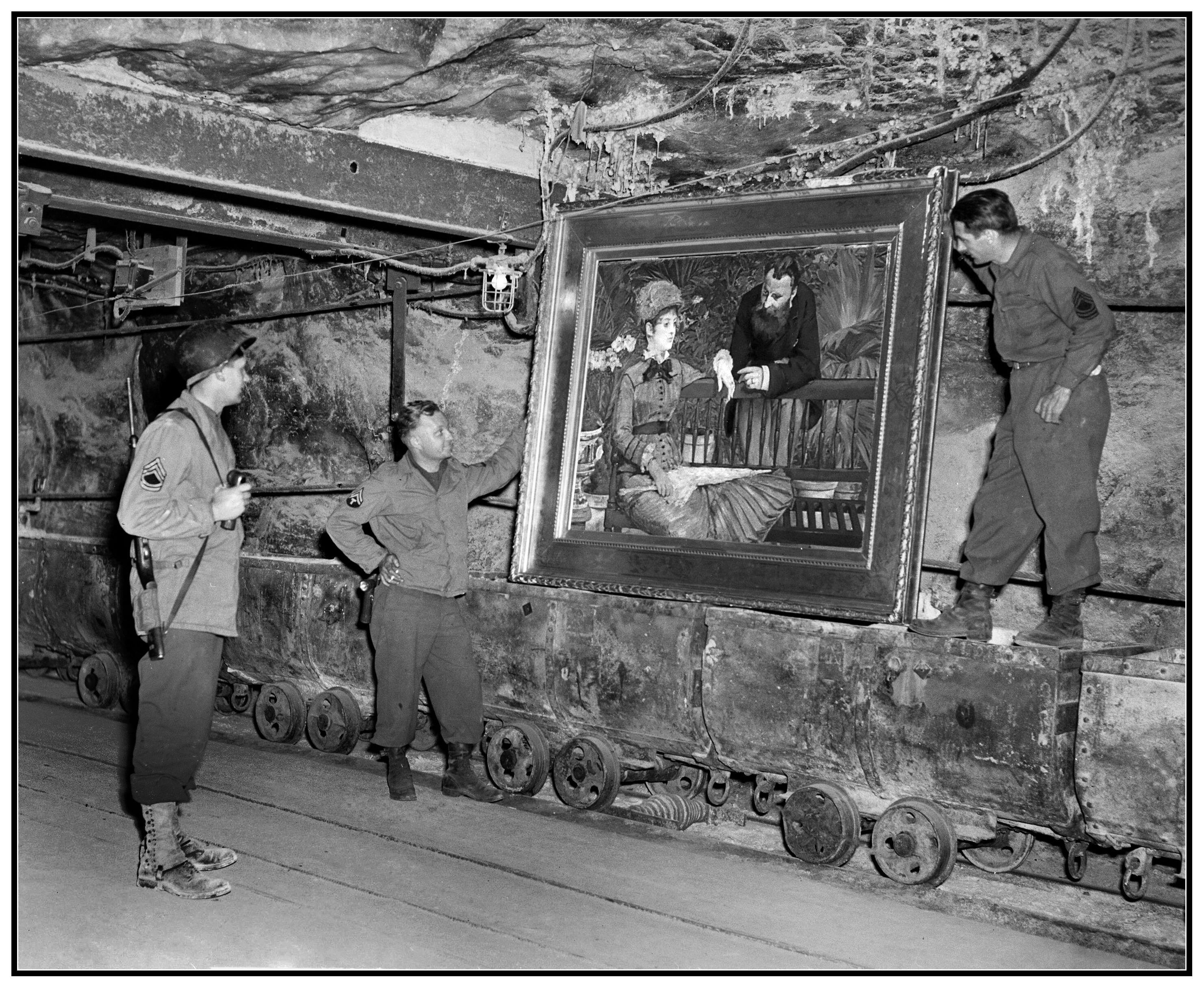 A painting by the French Impressionist Edouard Manet, titled "Dans la serre", discovered by American army GI’s in a vault at Merkers mine. Germany, 25 April 1945
