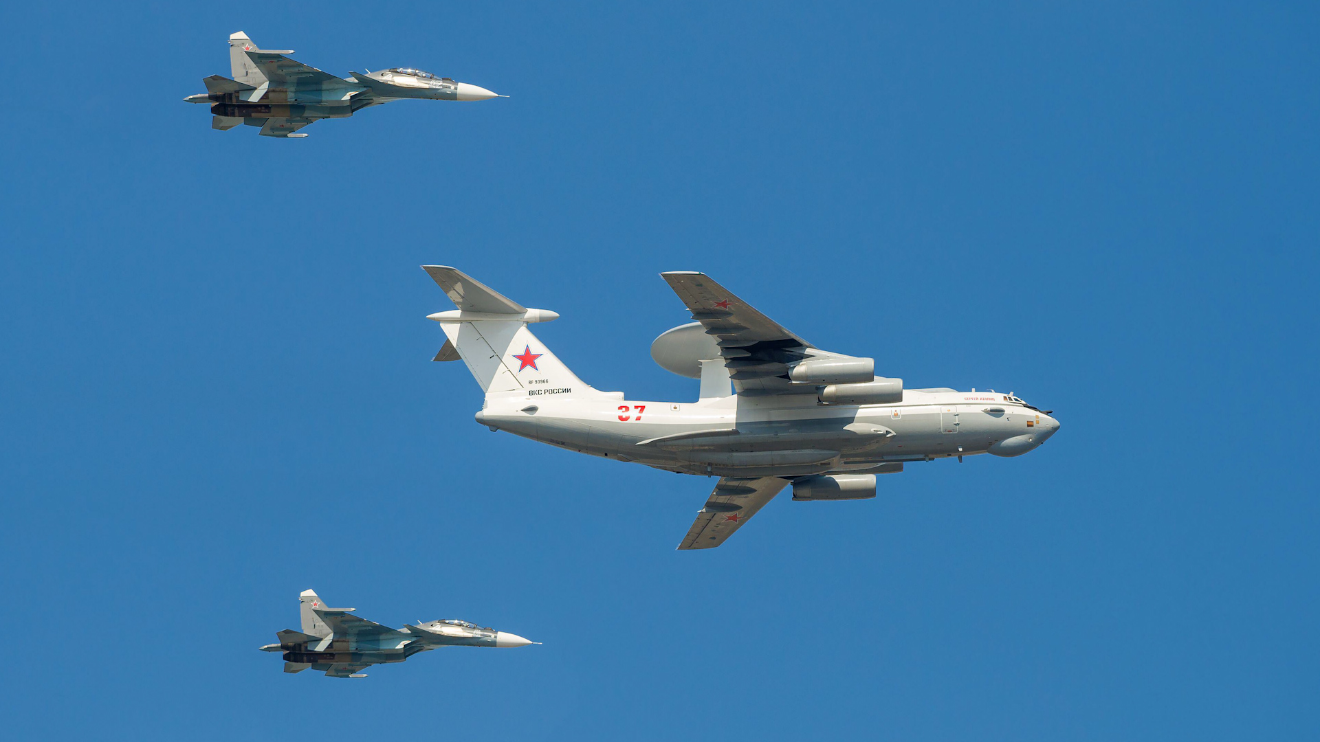 File photo of a Russian A-50 (central), flanked by two Su-30 multirole fighters