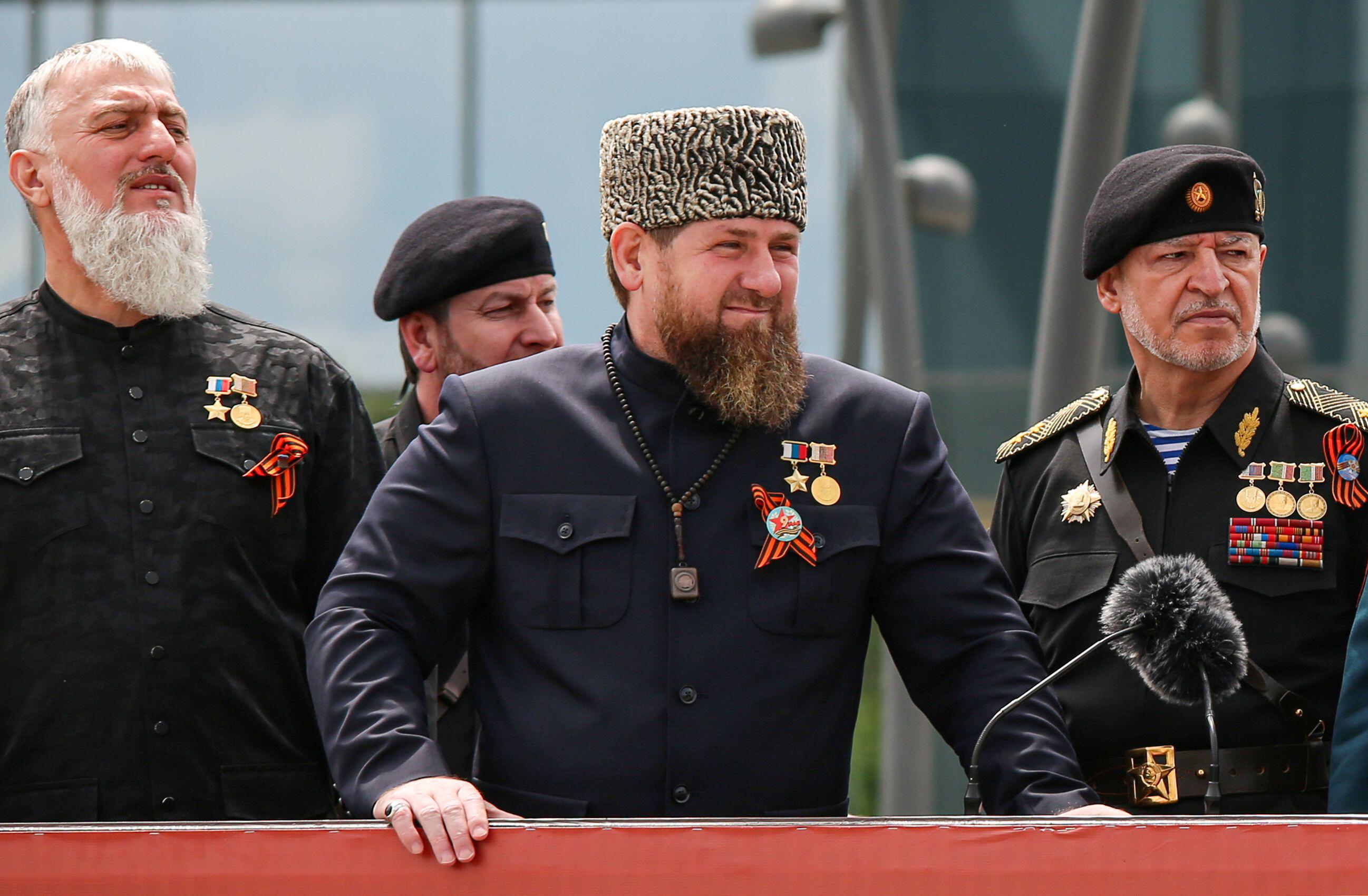 Head of the Chechen Republic Ramzan Kadyrov (centre), attending a military parade on Russia's Victory Day