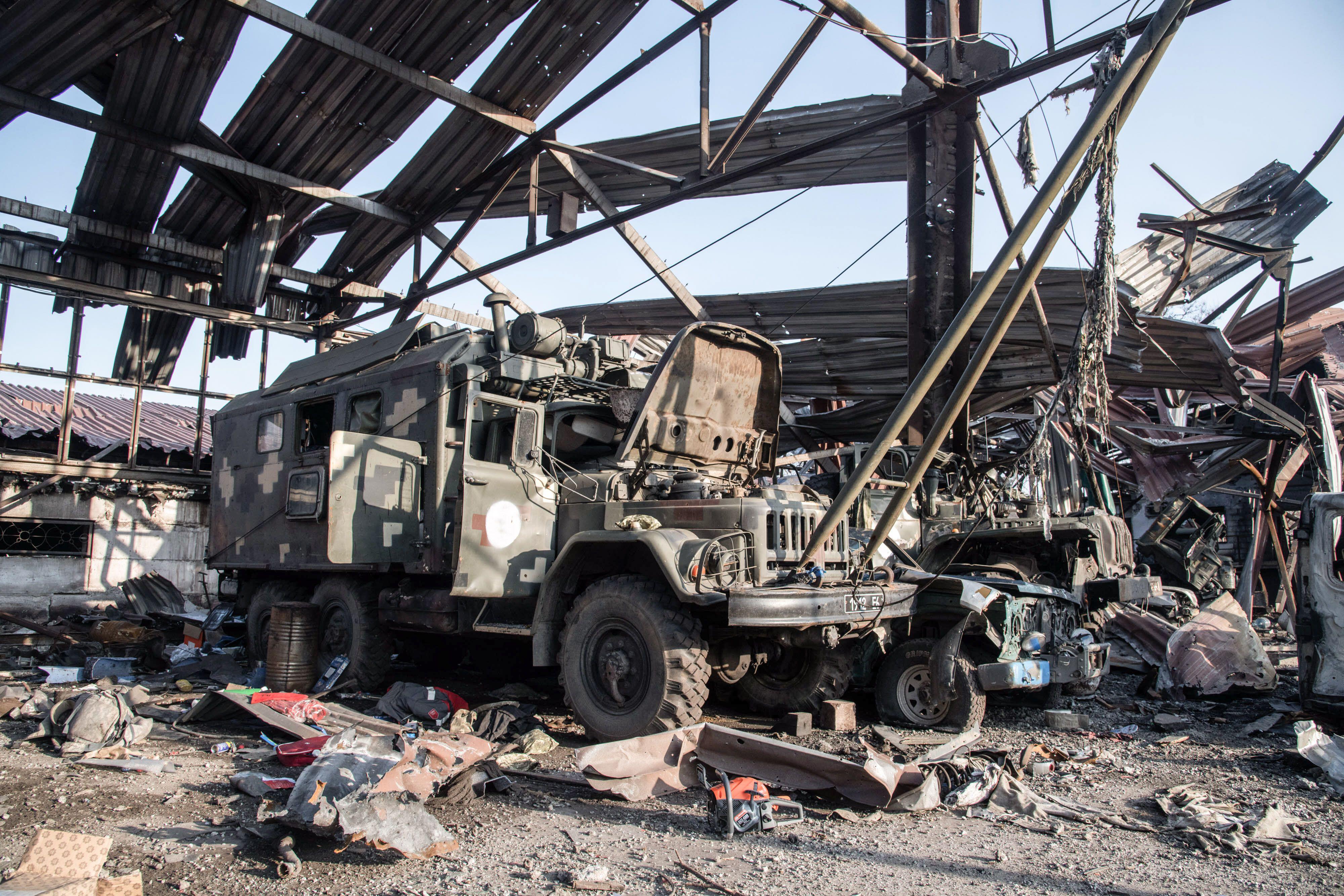 Destroyed Ukrainian military vehicles in a warehouse on the Illich steelworks in Mariupol.