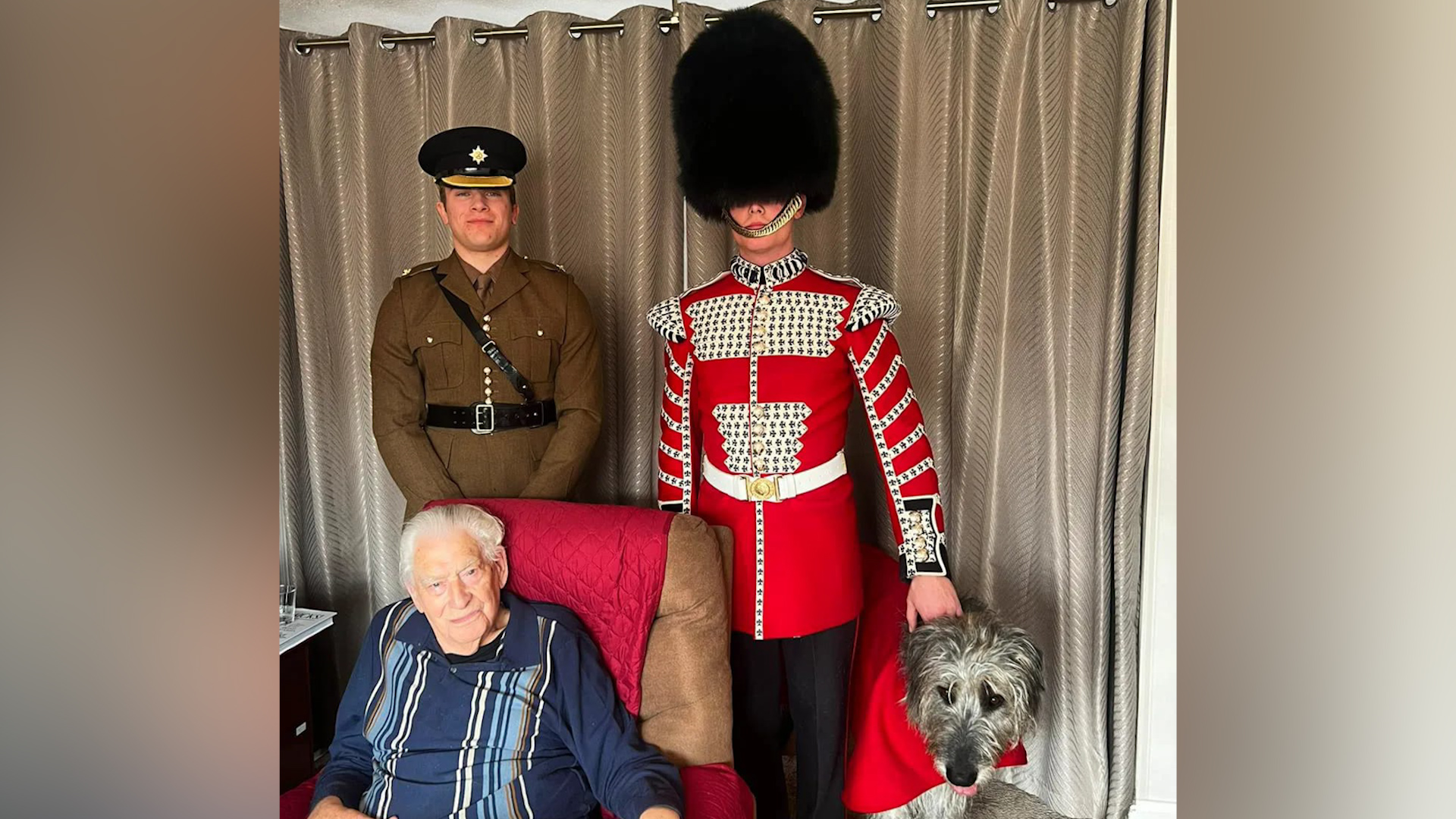 2Lt Fell, Dmr Dean and Seamus visit Irish Guards WWII veteran William Cecil Denny (Jim) for 100th birthday 210324 CREDIT IRISH GUARDS