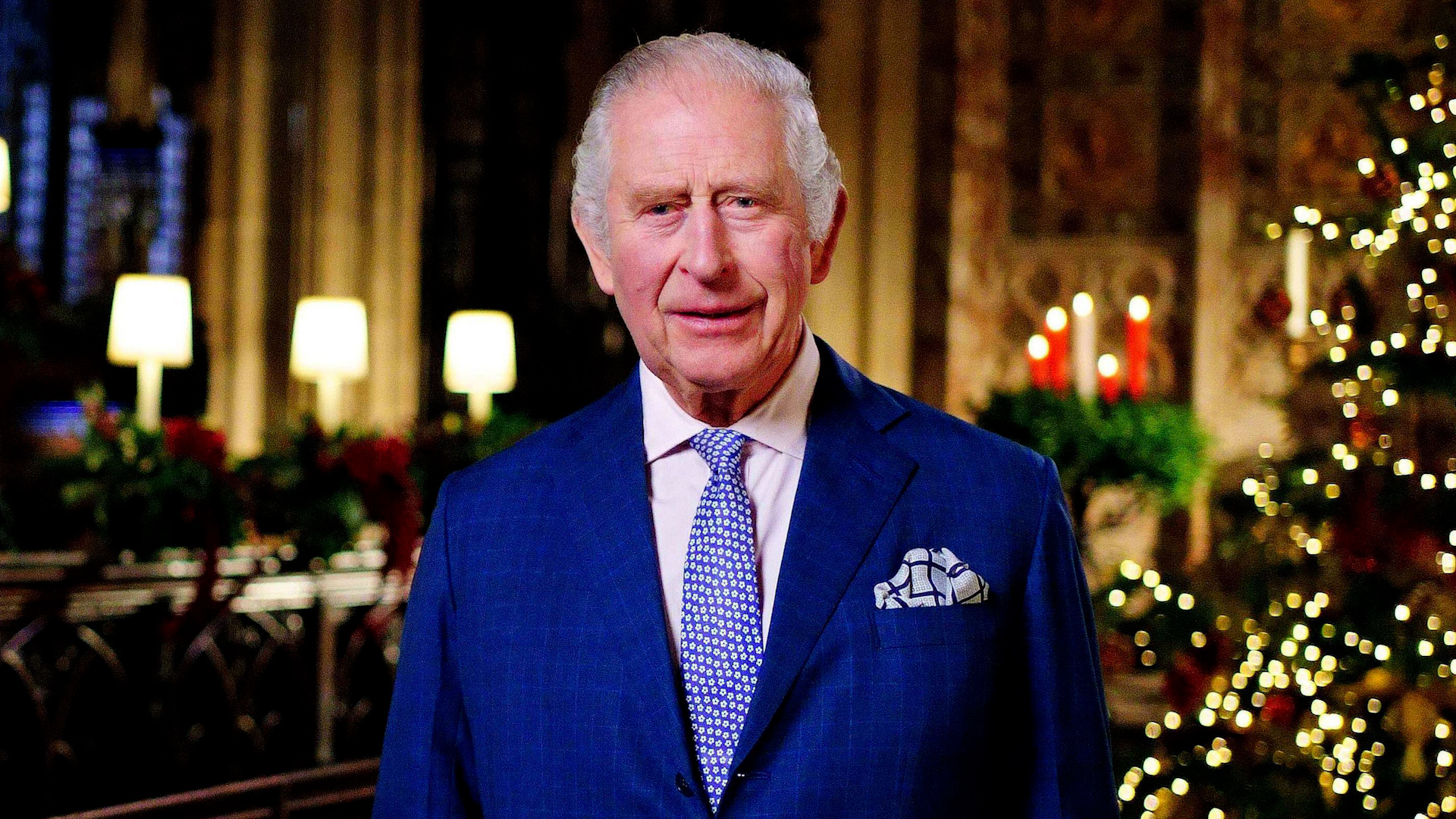 King Charles III during the recording of his first Christmas broadcast in the Quire of St George's Chapel at Windsor Castle 