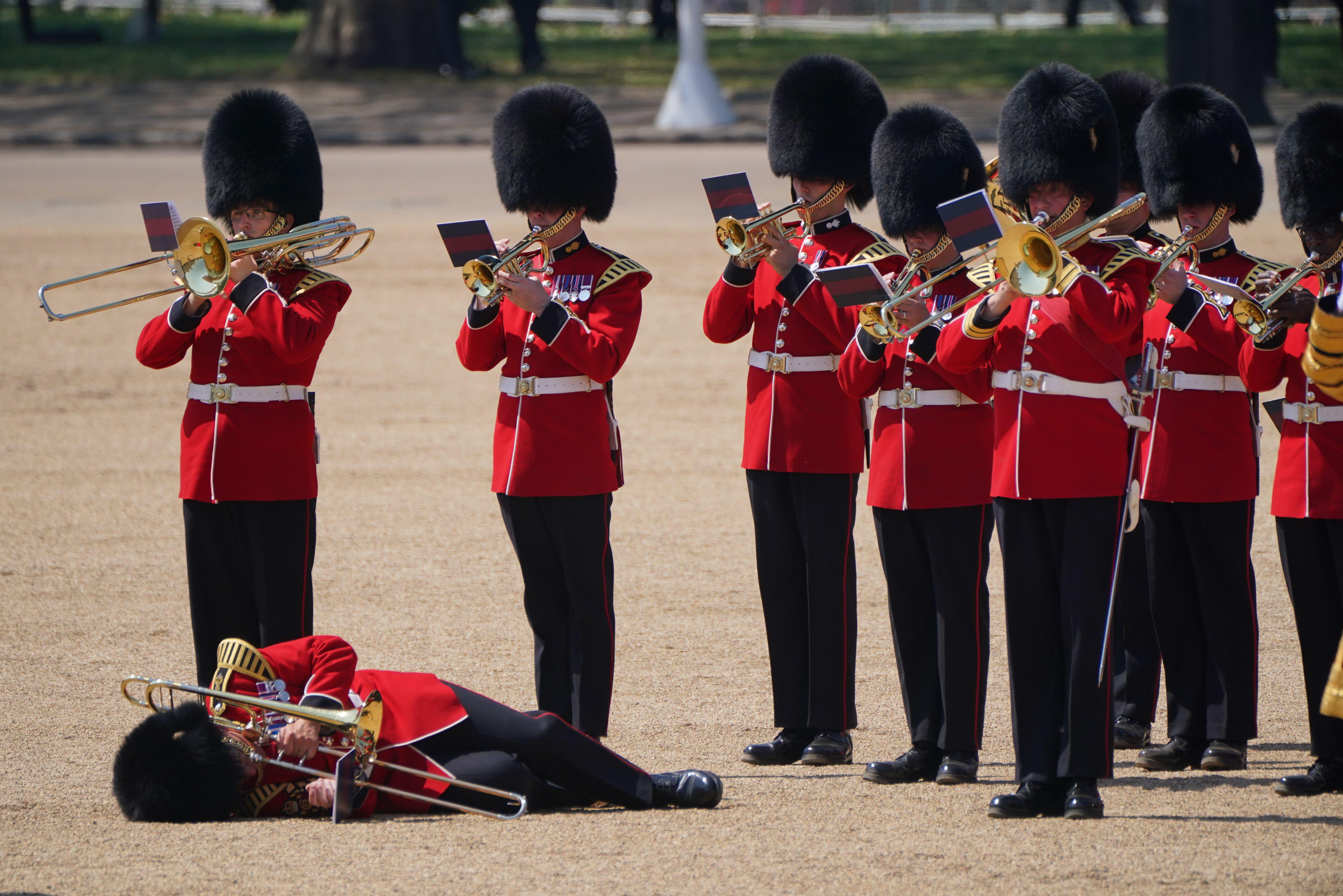 Collapsed trombonist Trooping of the Colour rehearsal