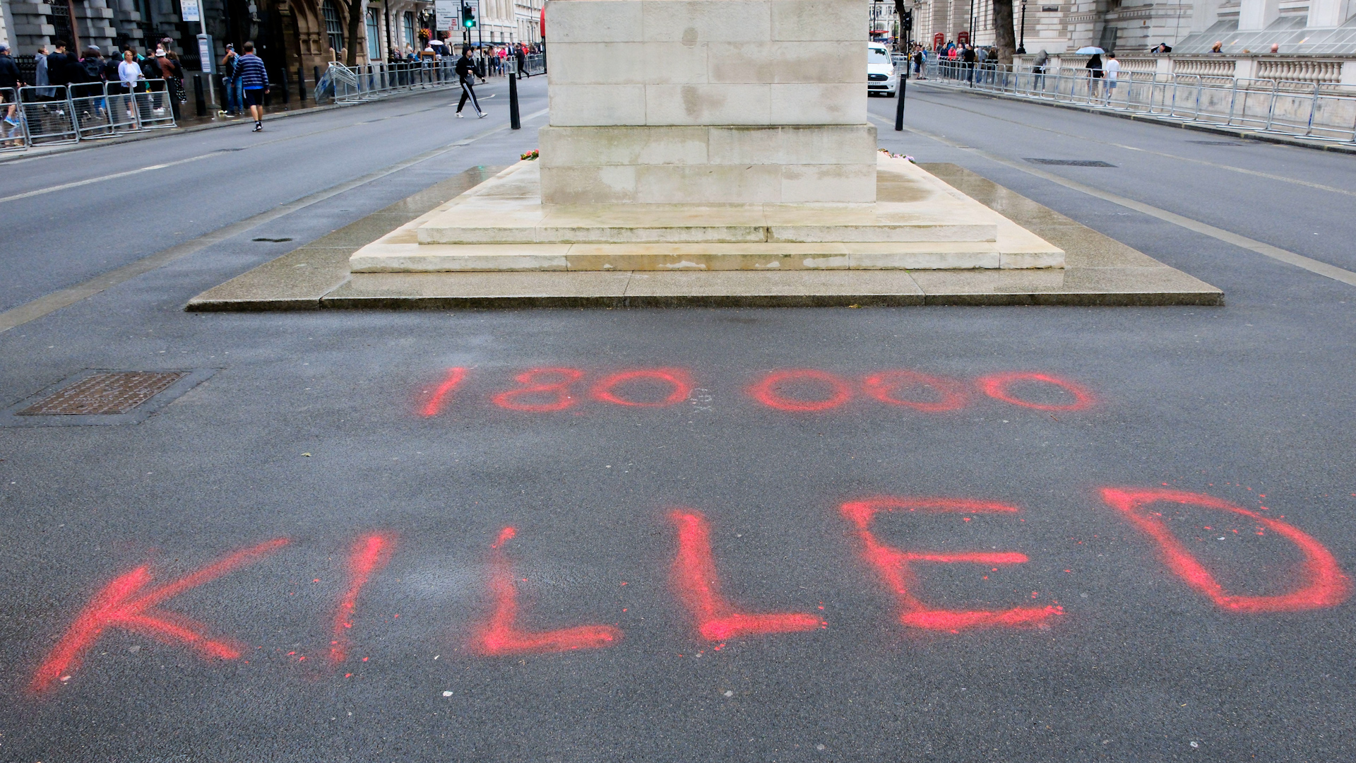  2XHNMHN Youth Demand spray paint protest about Palestine next to the Cenotaph 150724 CREDIT Alamy