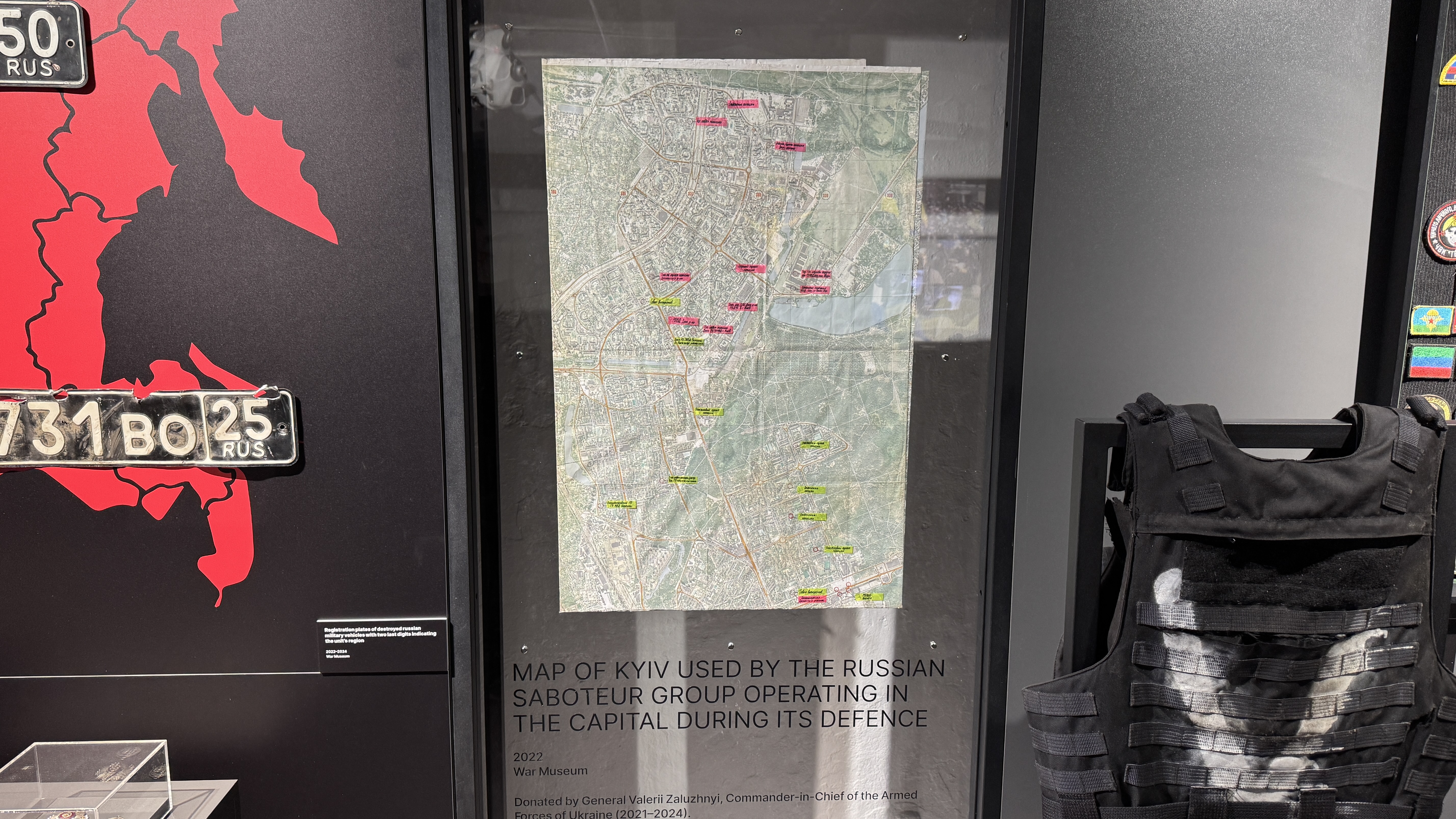 Several artefacts on display were captured directly from Russian forces, including this map of Kyiv used by a Russian saboteur group