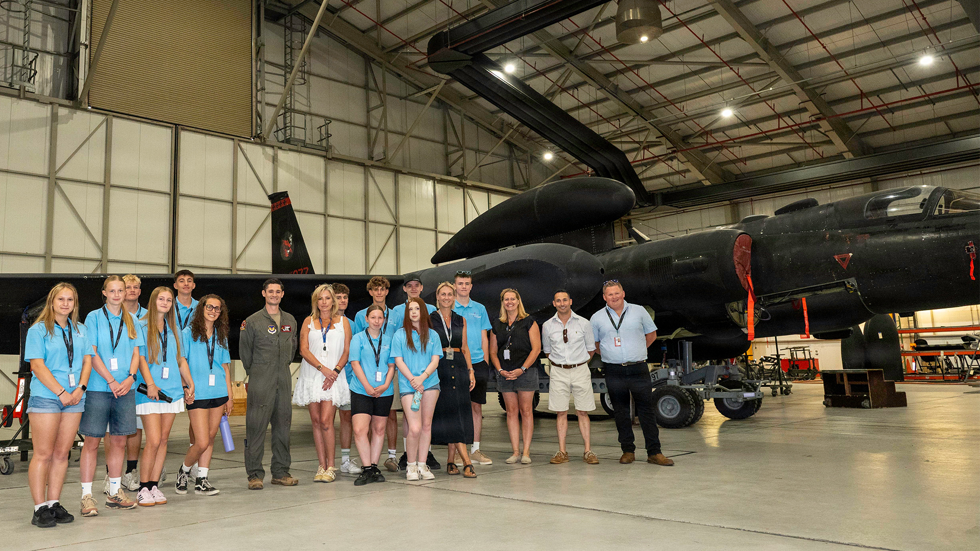 Back in August, local schoolchildren were invited onto the base where they got to see a Dragon Lady first-hand (Picture: US Department of War)