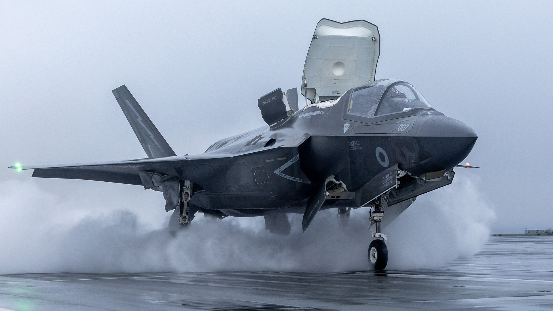 An F-35B prepares to take off from HMS Prince of Wales and fly back to RAF Marham, the home of the Lightning Force